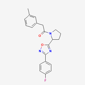 molecular formula C21H20FN3O2 B2544923 3-(4-Fluorophenyl)-5-{1-[(3-methylphenyl)acetyl]pyrrolidin-2-yl}-1,2,4-oxadiazole CAS No. 1787855-45-1