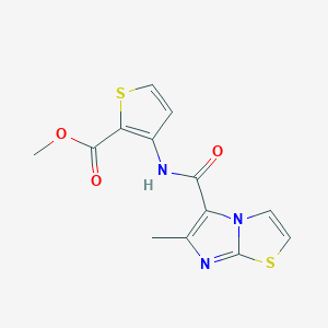 molecular formula C13H11N3O3S2 B2545114 Methyl 3-{[(6-methylimidazo[2,1-b][1,3]thiazol-5-yl)carbonyl]amino}-2-thiophenecarboxylate CAS No. 400087-15-2