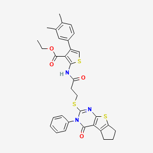 ethyl 4-(3,4-dimethylphenyl)-2-(3-((4-oxo-3-phenyl-4,5,6,7-tetrahydro-3H-cyclopenta[4,5]thieno[2,3-d]pyrimidin-2-yl)thio)propanamido)thiophene-3-carboxylate