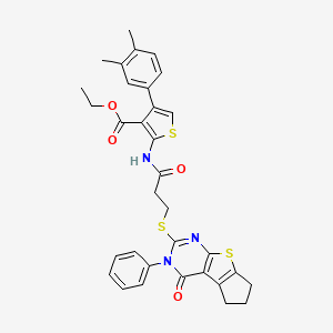 molecular formula C33H31N3O4S3 B2545115 ethyl 4-(3,4-dimethylphenyl)-2-(3-((4-oxo-3-phenyl-4,5,6,7-tetrahydro-3H-cyclopenta[4,5]thieno[2,3-d]pyrimidin-2-yl)thio)propanamido)thiophene-3-carboxylate CAS No. 670273-18-4