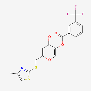 molecular formula C18H12F3NO4S2 B2545178 6-(((4-methylthiazol-2-yl)thio)methyl)-4-oxo-4H-pyran-3-yl 3-(trifluoromethyl)benzoate CAS No. 896305-11-6