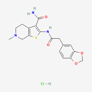 molecular formula C18H20ClN3O4S B2545221 2-(2-(Benzo[d][1,3]dioxol-5-yl)acetamido)-6-methyl-4,5,6,7-tetrahydrothieno[2,3-c]pyridine-3-carboxamide hydrochloride CAS No. 1329626-14-3