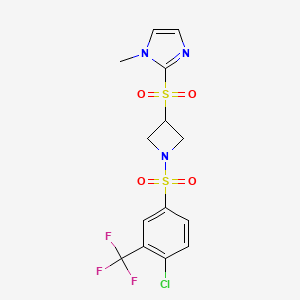 molecular formula C14H13ClF3N3O4S2 B2545319 2-((1-((4-氯-3-(三氟甲基)苯基)磺酰基)氮杂环丁-3-基)磺酰基)-1-甲基-1H-咪唑 CAS No. 2309802-77-3
