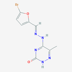 molecular formula C9H8BrN5O2 B254534 (E)-5-(2-((5-bromofuran-2-yl)methylene)hydrazinyl)-6-methyl-1,2,4-triazin-3(2H)-one 