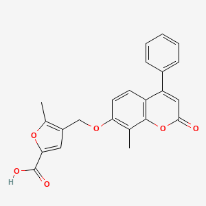 molecular formula C23H18O6 B2545342 5-Methyl-4-[(8-methyl-2-oxo-4-phenylchromen-7-yl)oxymethyl]furan-2-carboxylic acid CAS No. 374764-46-2