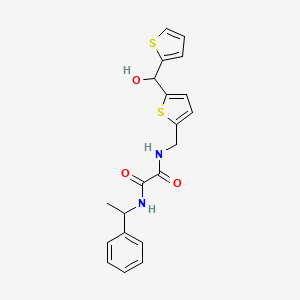 molecular formula C20H20N2O3S2 B2545398 N1-((5-(hydroxy(thiophen-2-yl)methyl)thiophen-2-yl)methyl)-N2-(1-phenylethyl)oxalamide CAS No. 1421491-16-8