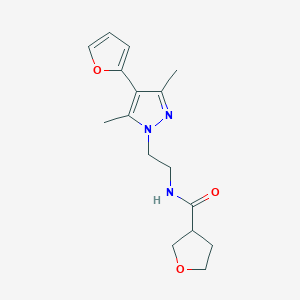 molecular formula C16H21N3O3 B2545415 N-(2-(4-(furan-2-yl)-3,5-dimethyl-1H-pyrazol-1-yl)ethyl)tetrahydrofuran-3-carboxamide CAS No. 2034328-84-0