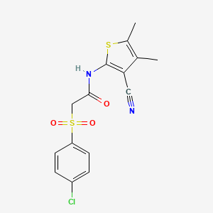 molecular formula C15H13ClN2O3S2 B2545716 2-(4-chlorophenyl)sulfonyl-N-(3-cyano-4,5-dimethylthiophen-2-yl)acetamide CAS No. 896306-66-4