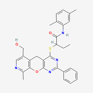 molecular formula C30H30N4O3S B2545767 N-(2,5-二甲苯基)-2-((6-(羟甲基)-9-甲基-2-苯基-5H-吡啶并[4',3':5,6]吡喃并[2,3-d]嘧啶-4-基)硫代)丁酰胺 CAS No. 892386-71-9