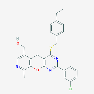 molecular formula C27H24ClN3O2S B2545806 [5-(3-Chlorophenyl)-7-{[(4-ethylphenyl)methyl]sulfanyl}-14-methyl-2-oxa-4,6,13-triazatricyclo[8.4.0.0^{3,8}]tetradeca-1(10),3(8),4,6,11,13-hexaen-11-yl]methanol CAS No. 892417-37-7