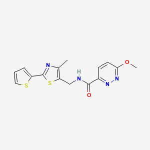 molecular formula C15H14N4O2S2 B2545824 6-methoxy-N-((4-methyl-2-(thiophen-2-yl)thiazol-5-yl)methyl)pyridazine-3-carboxamide CAS No. 1421485-24-6