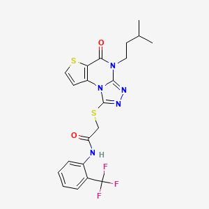 molecular formula C21H20F3N5O2S2 B2545825 2-{[4-(3-methylbutyl)-5-oxo-4,5-dihydrothieno[2,3-e][1,2,4]triazolo[4,3-a]pyrimidin-1-yl]thio}-N-[2-(trifluoromethyl)phenyl]acetamide CAS No. 1223810-20-5