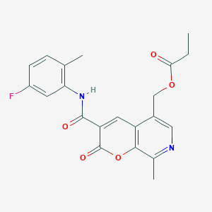 molecular formula C21H19FN2O5 B2545908 (3-{[(5-fluoro-2-methylphenyl)amino]carbonyl}-8-methyl-2-oxo-2H-pyrano[2,3-c]pyridin-5-yl)methyl propionate CAS No. 951517-41-2