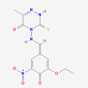molecular formula C13H13N5O5S B254594 4-[[(E)-(3-ethoxy-5-nitro-4-oxocyclohexa-2,5-dien-1-ylidene)methyl]amino]-6-methyl-3-sulfanylidene-2H-1,2,4-triazin-5-one 