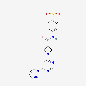 molecular formula C18H18N6O3S B2546011 1-(6-(1H-吡唑-1-基)嘧啶-4-基)-N-(4-(甲基磺酰基)苯基)氮杂环丁-3-甲酰胺 CAS No. 2034581-61-6