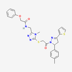 molecular formula C28H28N6O3S2 B2546042 N-((4-甲基-5-((2-氧代-2-(3-(噻吩-2-基)-5-(对甲苯基)-4,5-二氢-1H-吡唑-1-基)乙基)硫代)-4H-1,2,4-三唑-3-基)甲基)-2-苯氧基乙酰胺 CAS No. 393585-66-5
