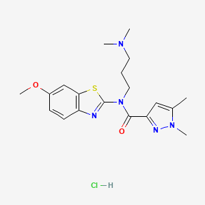 molecular formula C19H26ClN5O2S B2546071 N-(3-(dimethylamino)propyl)-N-(6-methoxybenzo[d]thiazol-2-yl)-1,5-dimethyl-1H-pyrazole-3-carboxamide hydrochloride CAS No. 1216756-04-5