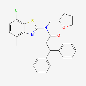 molecular formula C28H27ClN2O2S B2546091 N-(7-chloro-4-methylbenzo[d]thiazol-2-yl)-3,3-diphenyl-N-((tetrahydrofuran-2-yl)methyl)propanamide CAS No. 1172734-93-8
