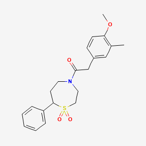 molecular formula C21H25NO4S B2546168 1-(1,1-Dioxido-7-phenyl-1,4-thiazepan-4-yl)-2-(4-methoxy-3-methylphenyl)ethanone CAS No. 2034515-74-5