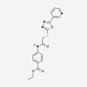 molecular formula C18H16N4O4S B2546224 Ethyl 4-({[(5-pyridin-3-yl-1,3,4-oxadiazol-2-yl)thio]acetyl}amino)benzoate CAS No. 333418-46-5