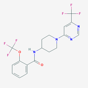 molecular formula C18H16F6N4O2 B2546305 2-(trifluoromethoxy)-N-(1-(6-(trifluoromethyl)pyrimidin-4-yl)piperidin-4-yl)benzamide CAS No. 2034258-98-3