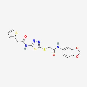 molecular formula C17H14N4O4S3 B2546329 N-(benzo[d][1,3]dioxol-5-yl)-2-((5-(2-(thiophen-2-yl)acetamido)-1,3,4-thiadiazol-2-yl)thio)acetamide CAS No. 893356-78-0