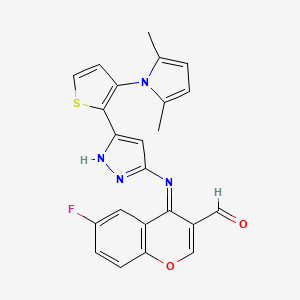 4-[[5-[3-(2,5-dimethylpyrrol-1-yl)thiophen-2-yl]-1H-pyrazol-3-yl]imino]-6-fluorochromene-3-carbaldehyde