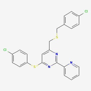 molecular formula C23H17Cl2N3S2 B2546359 4-(((4-Chlorobenzyl)sulfanyl)methyl)-6-((4-chlorophenyl)sulfanyl)-2-(2-pyridinyl)pyrimidine CAS No. 338960-88-6