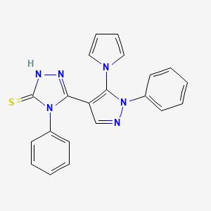 molecular formula C21H16N6S B2546392 4-phenyl-5-[1-phenyl-5-(1H-pyrrol-1-yl)-1H-pyrazol-4-yl]-4H-1,2,4-triazole-3-thiol CAS No. 878556-52-6