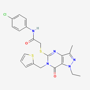 molecular formula C21H20ClN5O2S2 B2546398 N-(4-chlorophenyl)-2-((1-ethyl-3-methyl-7-oxo-6-(thiophen-2-ylmethyl)-6,7-dihydro-1H-pyrazolo[4,3-d]pyrimidin-5-yl)thio)acetamide CAS No. 1358262-08-4