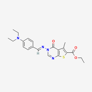 molecular formula C21H24N4O3S B2546413 (E)-ethyl 3-((4-(diethylamino)benzylidene)amino)-5-methyl-4-oxo-3,4-dihydrothieno[2,3-d]pyrimidine-6-carboxylate CAS No. 301675-99-0