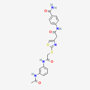 molecular formula C22H21N5O4S2 B2546418 4-(2-(2-((2-((3-Acetamidophenyl)amino)-2-oxoethyl)thio)thiazol-4-yl)acetamido)benzamide CAS No. 954040-84-7