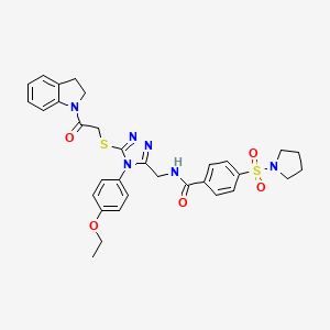 molecular formula C32H34N6O5S2 B2546515 N-((4-(4-ethoxyphenyl)-5-((2-(indolin-1-yl)-2-oxoethyl)thio)-4H-1,2,4-triazol-3-yl)methyl)-4-(pyrrolidin-1-ylsulfonyl)benzamide CAS No. 310449-50-4