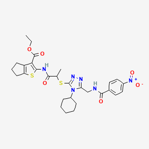 ethyl 2-(2-((4-cyclohexyl-5-((4-nitrobenzamido)methyl)-4H-1,2,4-triazol-3-yl)thio)propanamido)-5,6-dihydro-4H-cyclopenta[b]thiophene-3-carboxylate