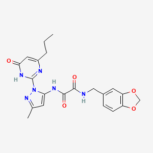 molecular formula C21H22N6O5 B2546547 N1-(benzo[d][1,3]dioxol-5-ylmethyl)-N2-(3-methyl-1-(6-oxo-4-propyl-1,6-dihydropyrimidin-2-yl)-1H-pyrazol-5-yl)oxalamide CAS No. 1014006-34-8