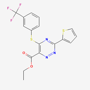 molecular formula C17H12F3N3O2S2 B2546592 Ethyl 3-thiophen-2-yl-5-[3-(trifluoromethyl)phenyl]sulfanyl-1,2,4-triazine-6-carboxylate CAS No. 338965-93-8