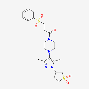 molecular formula C22H30N4O5S2 B2546692 1-(4-(1-(1,1-dioxidotetrahydrothiophen-3-yl)-3,5-dimethyl-1H-pyrazol-4-yl)piperazin-1-yl)-3-(phenylsulfonyl)propan-1-one CAS No. 1351649-53-0