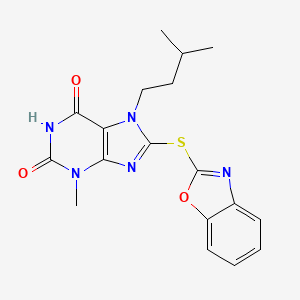 molecular formula C18H19N5O3S B2546706 8-(1,3-Benzoxazol-2-ylsulfanyl)-3-methyl-7-(3-methylbutyl)purine-2,6-dione CAS No. 313530-94-8