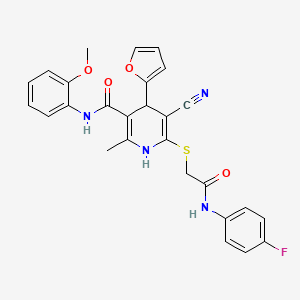 molecular formula C27H23FN4O4S B2546823 5-cyano-6-[2-(4-fluoroanilino)-2-oxoethyl]sulfanyl-4-(furan-2-yl)-N-(2-methoxyphenyl)-2-methyl-1,4-dihydropyridine-3-carboxamide CAS No. 442556-72-1