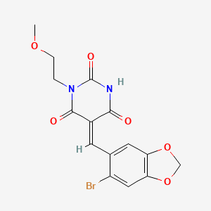 (5E)-5-[(6-bromo-1,3-benzodioxol-5-yl)methylidene]-1-(2-methoxyethyl)-1,3-diazinane-2,4,6-trione