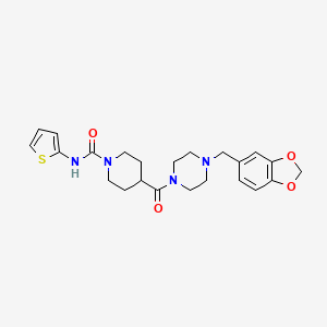 molecular formula C23H28N4O4S B2546992 4-(4-(benzo[d][1,3]dioxol-5-ylmethyl)piperazine-1-carbonyl)-N-(thiophen-2-yl)piperidine-1-carboxamide CAS No. 1323310-04-8