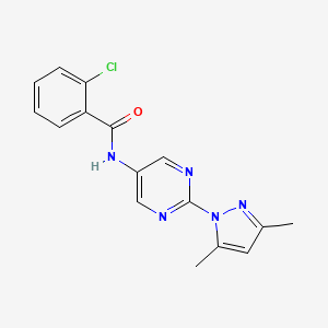 molecular formula C16H14ClN5O B2547017 2-chloro-N-(2-(3,5-dimethyl-1H-pyrazol-1-yl)pyrimidin-5-yl)benzamide CAS No. 1396860-82-4