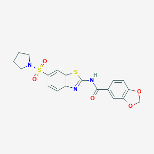 molecular formula C19H17N3O5S2 B254702 N-[6-(1-pyrrolidinylsulfonyl)-1,3-benzothiazol-2-yl]-1,3-benzodioxole-5-carboxamide 