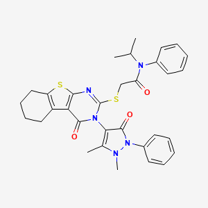 molecular formula C32H33N5O3S2 B2547097 2-[[3-(1,5-dimethyl-3-oxo-2-phenylpyrazol-4-yl)-4-oxo-5,6,7,8-tetrahydro-[1]benzothiolo[2,3-d]pyrimidin-2-yl]sulfanyl]-N-phenyl-N-propan-2-ylacetamide CAS No. 380338-57-8