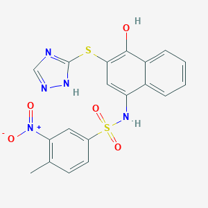 molecular formula C19H15N5O5S2 B254710 N-[4-hydroxy-3-(1H-1,2,4-triazol-5-ylsulfanyl)naphthalen-1-yl]-4-methyl-3-nitrobenzenesulfonamide 