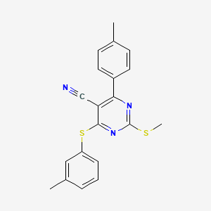 molecular formula C20H17N3S2 B2547145 4-(4-Methylphenyl)-6-[(3-methylphenyl)sulfanyl]-2-(methylsulfanyl)-5-pyrimidinecarbonitrile CAS No. 303985-03-7