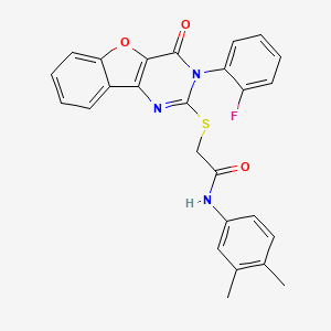 molecular formula C26H20FN3O3S B2547181 N-(3,4-dimethylphenyl)-2-{[5-(2-fluorophenyl)-6-oxo-8-oxa-3,5-diazatricyclo[7.4.0.0^{2,7}]trideca-1(9),2(7),3,10,12-pentaen-4-yl]sulfanyl}acetamide CAS No. 2097865-96-6