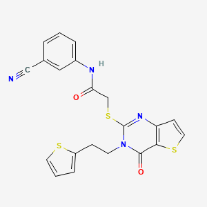 molecular formula C21H16N4O2S3 B2547261 N-(3-氰基苯基)-2-({4-氧代-3-[2-(噻吩-2-基)乙基]-3,4-二氢噻吩并[3,2-d]嘧啶-2-基}硫代)乙酰胺 CAS No. 1260622-04-5