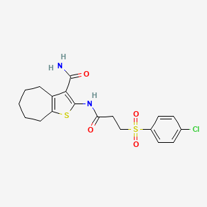 molecular formula C19H21ClN2O4S2 B2547370 2-(3-((4-chlorophenyl)sulfonyl)propanamido)-5,6,7,8-tetrahydro-4H-cyclohepta[b]thiophene-3-carboxamide CAS No. 895461-75-3