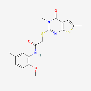 molecular formula C18H19N3O3S2 B2547386 2-(3,6-二甲基-4-氧代噻吩并[2,3-d]嘧啶-2-基)硫代基-N-(2-甲氧基-5-甲基苯基)乙酰胺 CAS No. 878695-48-8